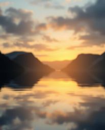Gentle, soft light origami art depicts a glassy fjord reflecting a sunset. This piece is characterized by dynamic motion, a f