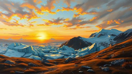 This stunning oil painting captures the serene beauty of an autumn sunset casting a warm glow over icy polar glaciers. The ri