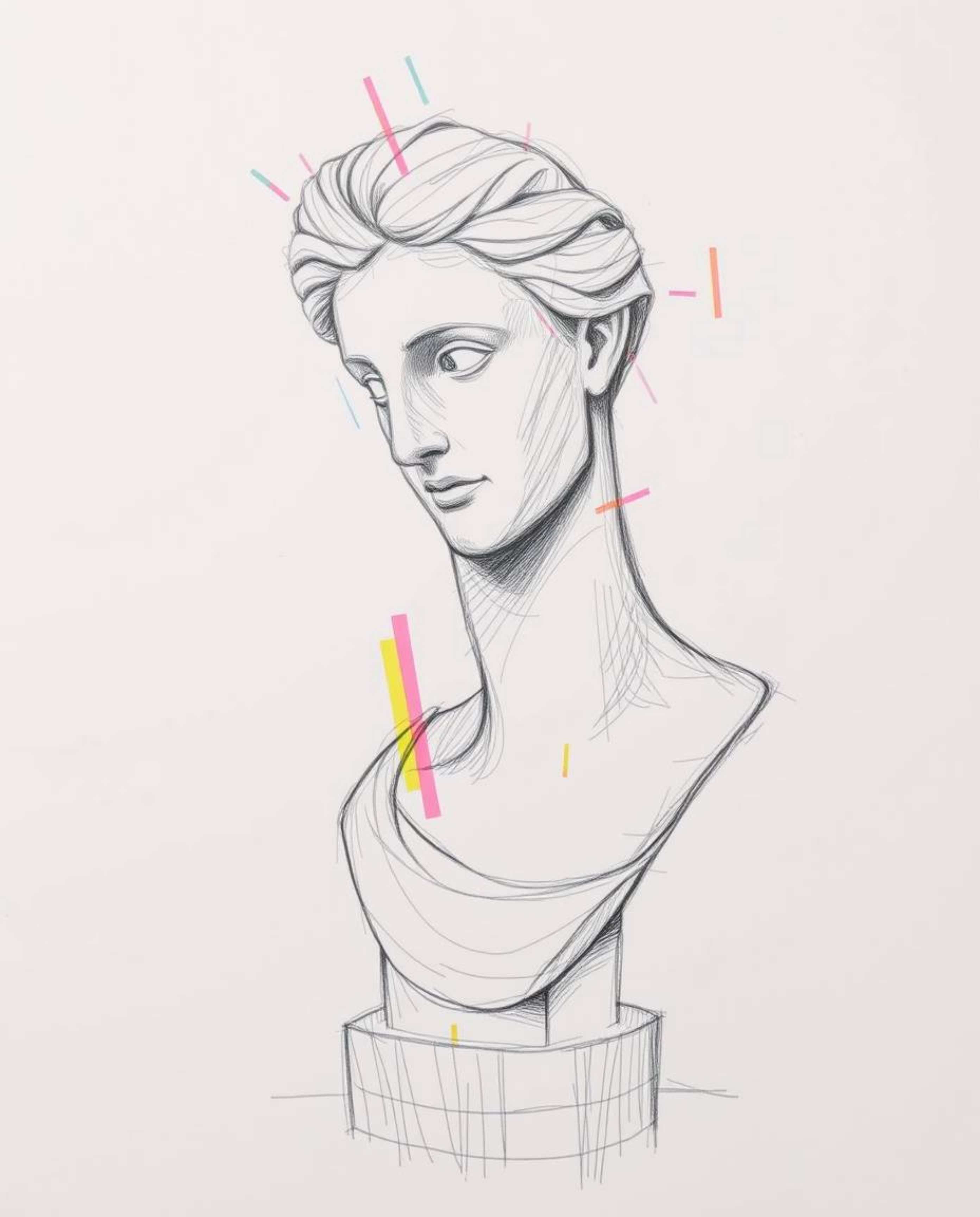 A captivating hand-drawn sketch of a classical sculpture infused with a vibrant glitch effect.  The artwork features creative