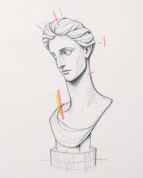 A captivating hand-drawn sketch of a classical sculpture infused with a vibrant glitch effect.  The artwork features creative