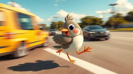 This artwork presents a charming depiction of an adorable and cute, fast-running bird zooming past traffic.  The distinct spl