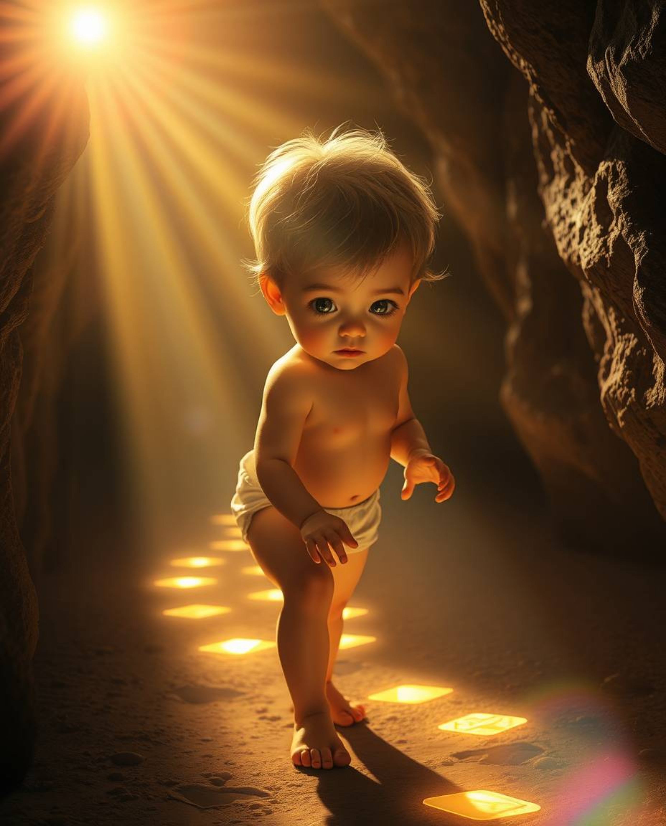 A captivating image featuring a graceful child with fair skin and refined features following glowing footsteps into a mysteri