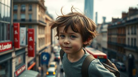 A candid street photograph captures a vibrant London cityscape with a young boy, fair-skinned and tousled-haired, seemingly f