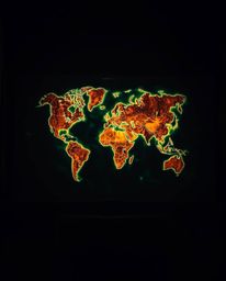 A captivating overhead bird's-eye view showcases a glowing map projected within the confines of an antique study. The scene i