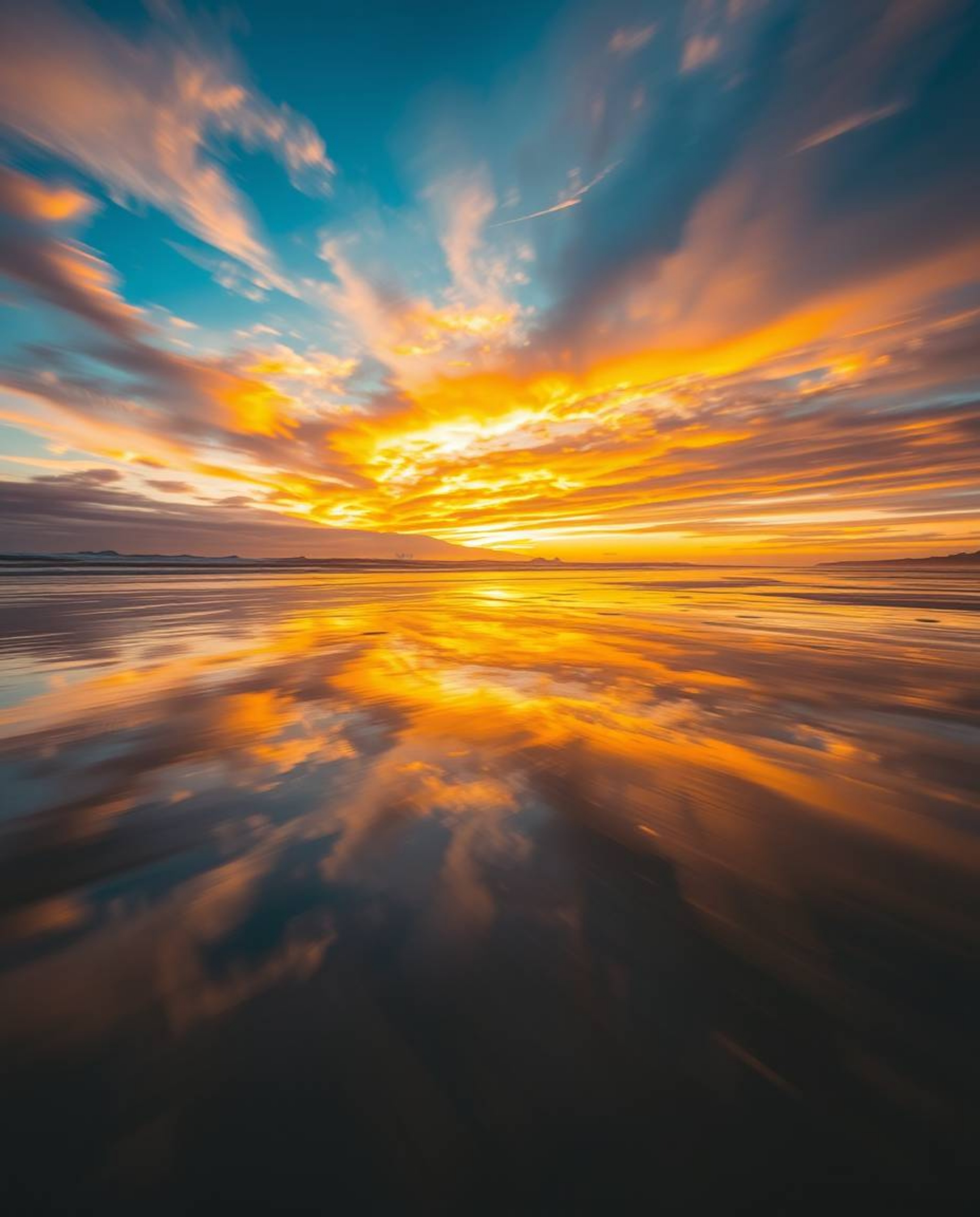 A high-resolution stock photo captures a dynamic sunset sky as it's mirrored in the tidal pools on a beach. Specifically desi