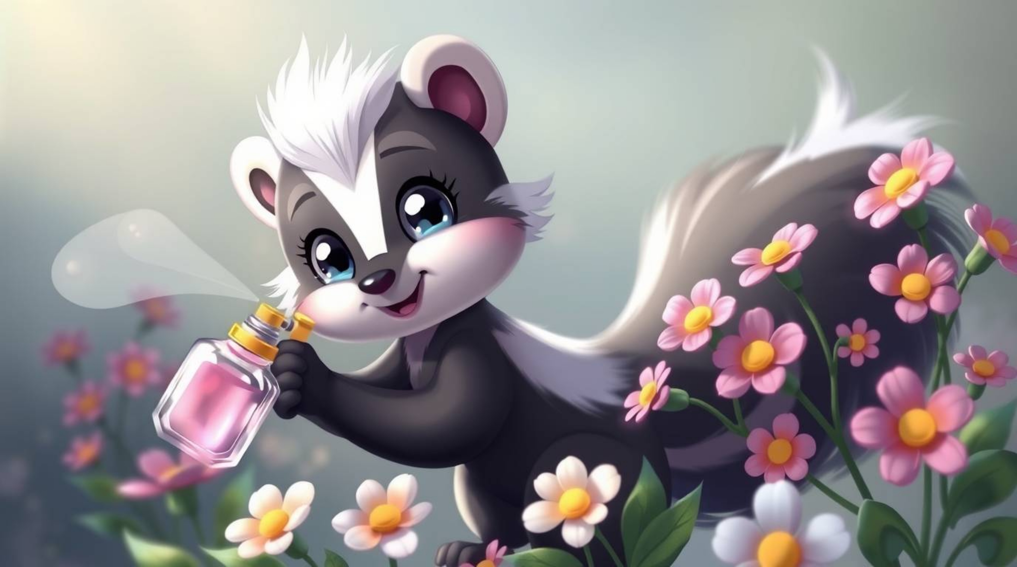 An adorable cartoon skunk with large eyes and a charming expression is depicted spraying perfume onto flowers in this delight