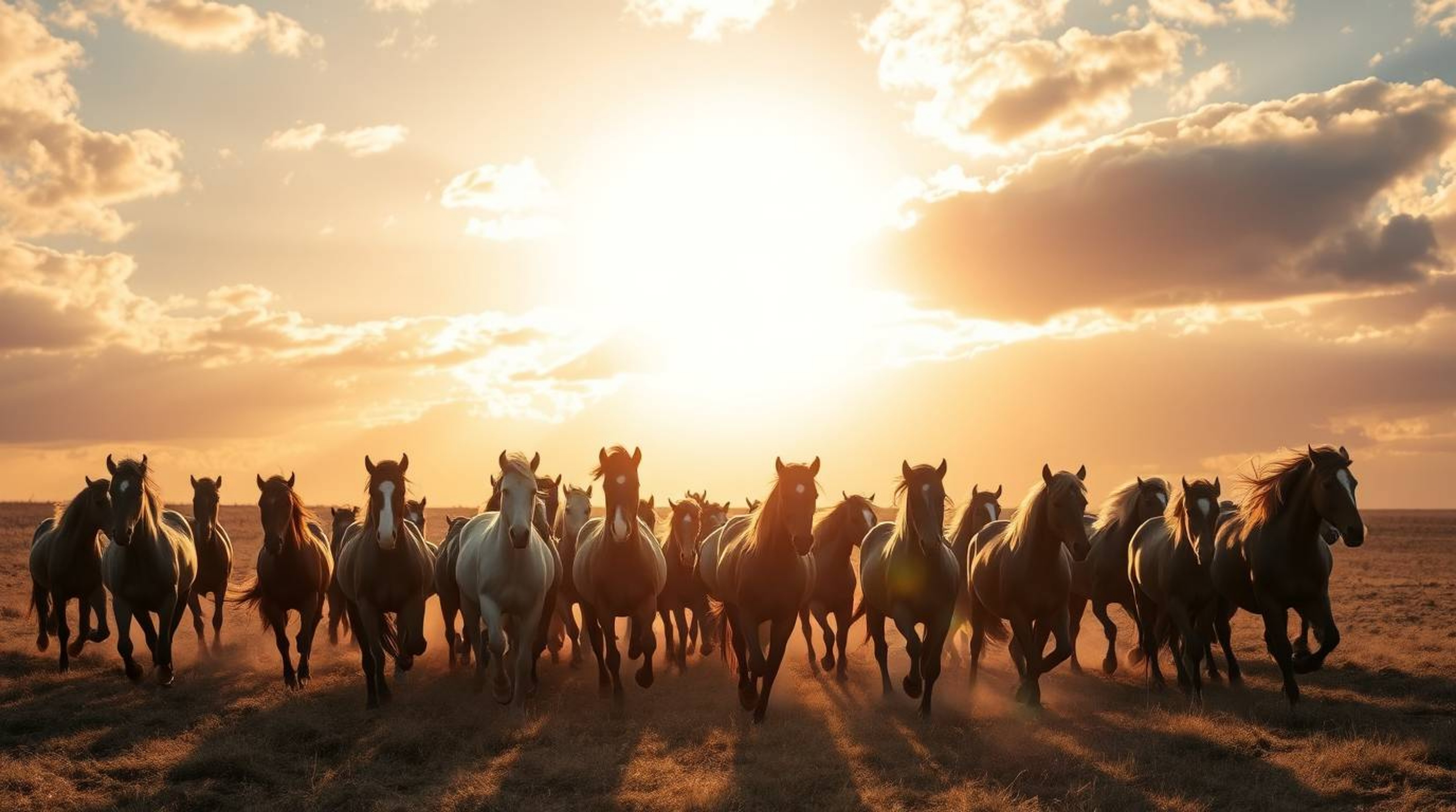 A breathtaking photograph captures a herd of wild horses in full gallop under a vibrant, glowing sky. The scene is bathed in