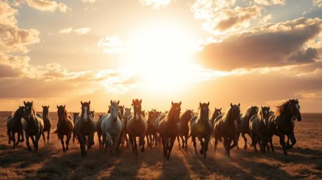 A breathtaking photograph captures a herd of wild horses in full gallop under a vibrant, glowing sky. The scene is bathed in 