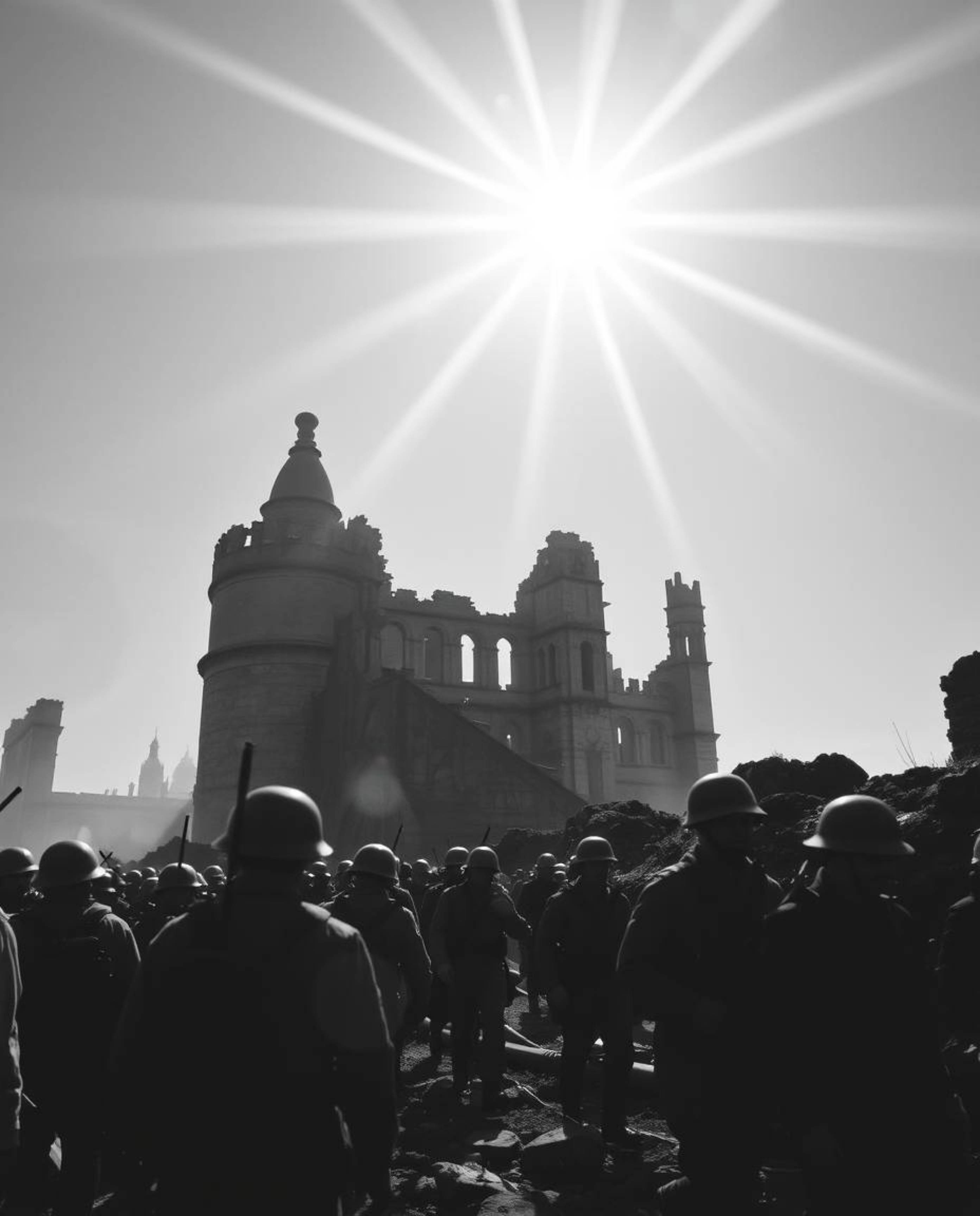A captivating classic black and white image featuring time-warped soldiers amidst crumbling buildings, dramatically enhanced 