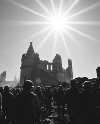 A captivating classic black and white image featuring time-warped soldiers amidst crumbling buildings, dramatically enhanced 
