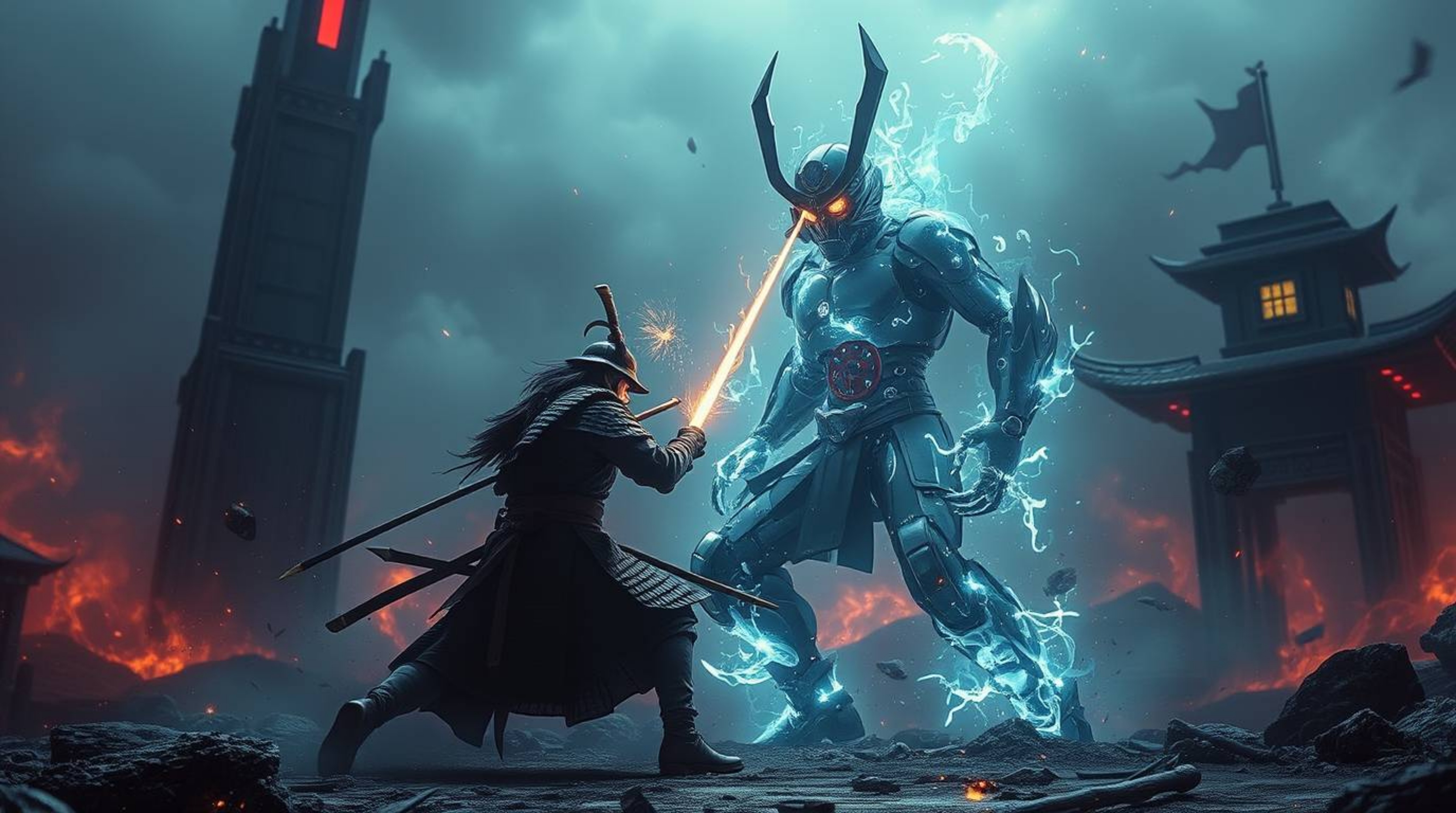 Witness a breathtaking clash between a samurai and a robot in a dreamlike dystopian world.  Ethereal lighting and mystical el