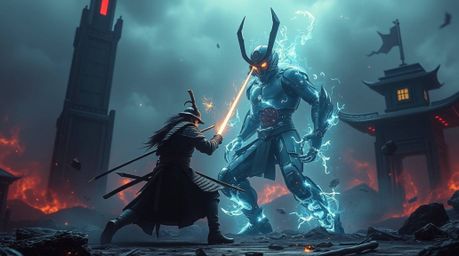 Witness a breathtaking clash between a samurai and a robot in a dreamlike dystopian world.  Ethereal lighting and mystical el