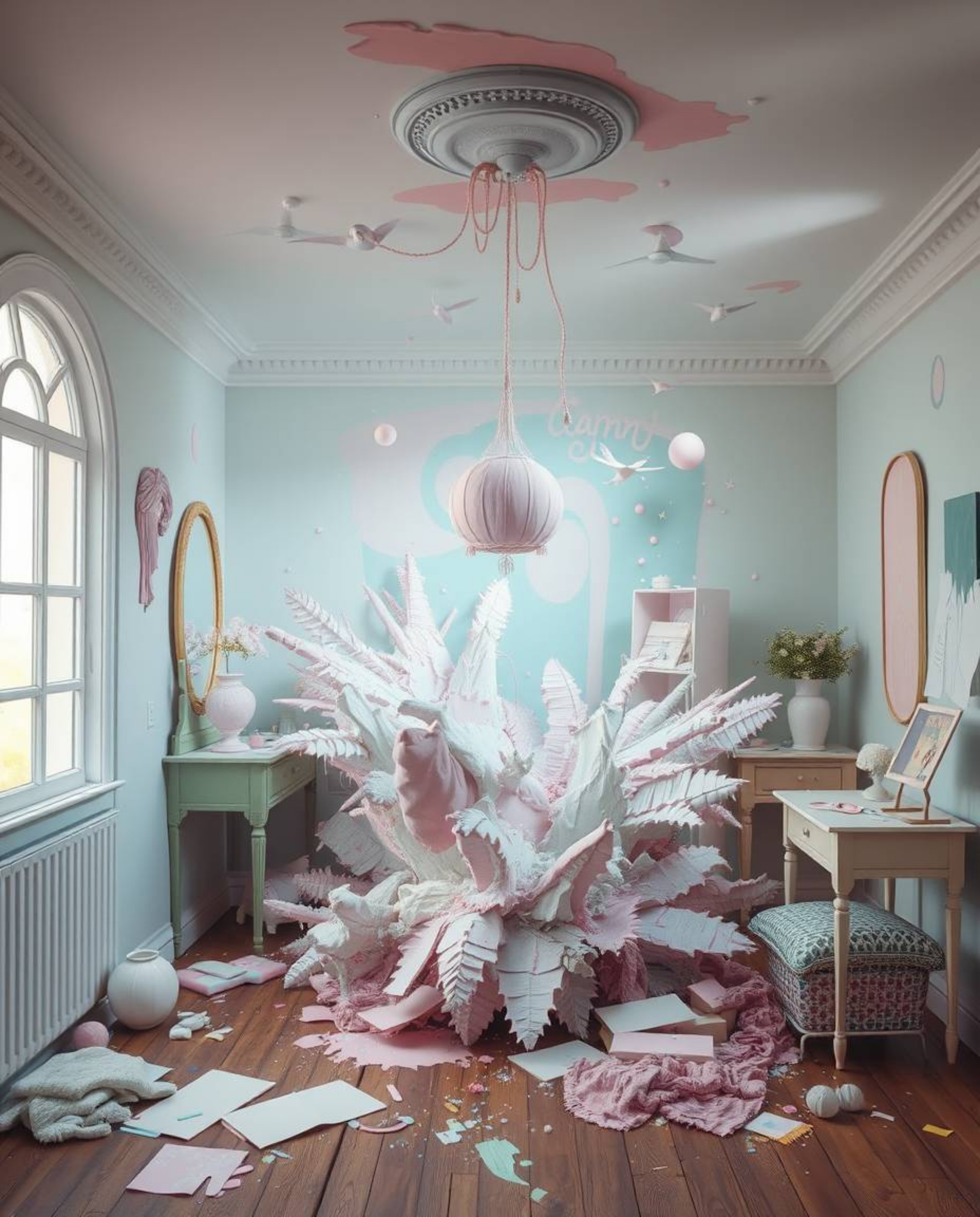 Experience a dreamlike surreal image of a room exploding with vibrant paint, rendered in soft pastel colors for a gentle and 