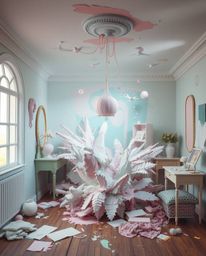 Experience a dreamlike surreal image of a room exploding with vibrant paint, rendered in soft pastel colors for a gentle and 