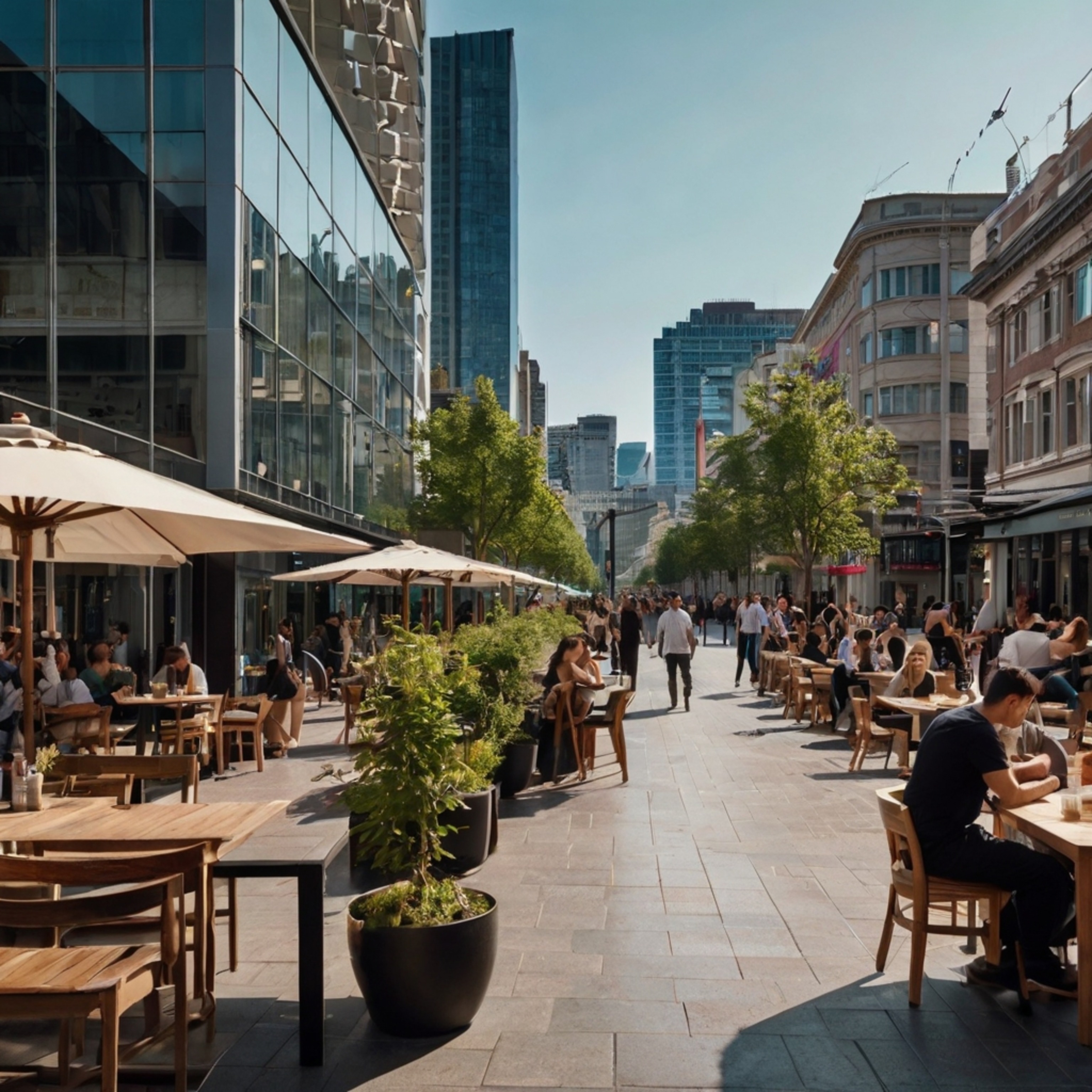 Experience a vibrant modern city center featuring towering glass buildings, spacious pedestrian streets perfect for strolling