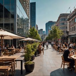 Experience a vibrant modern city center featuring towering glass buildings, spacious pedestrian streets perfect for strolling