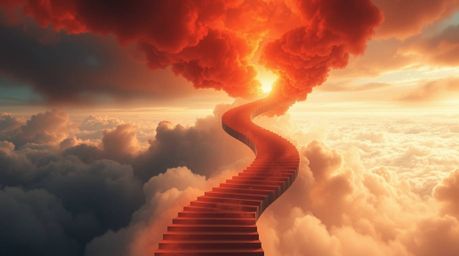 A grand epic scene featuring a winding stairway crafted from smoke and light, gracefully ascending into a vast and cloudy sky