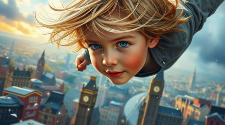 A vibrant and dramatic cinematic painting depicts a young boy with windswept blonde hair and rosy cheeks soaring above a dazz