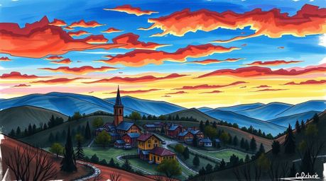 A captivating hand-drawn sketchnote depicts a cozy village nestled in a picturesque valley, bathed in the warm glow of a vibr