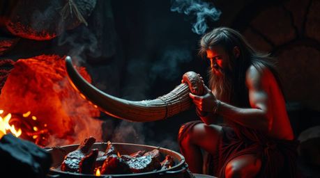 Experience a dramatic, cinematic portrayal of a caveman expertly preparing mammoth meat. This fine art photograph features br