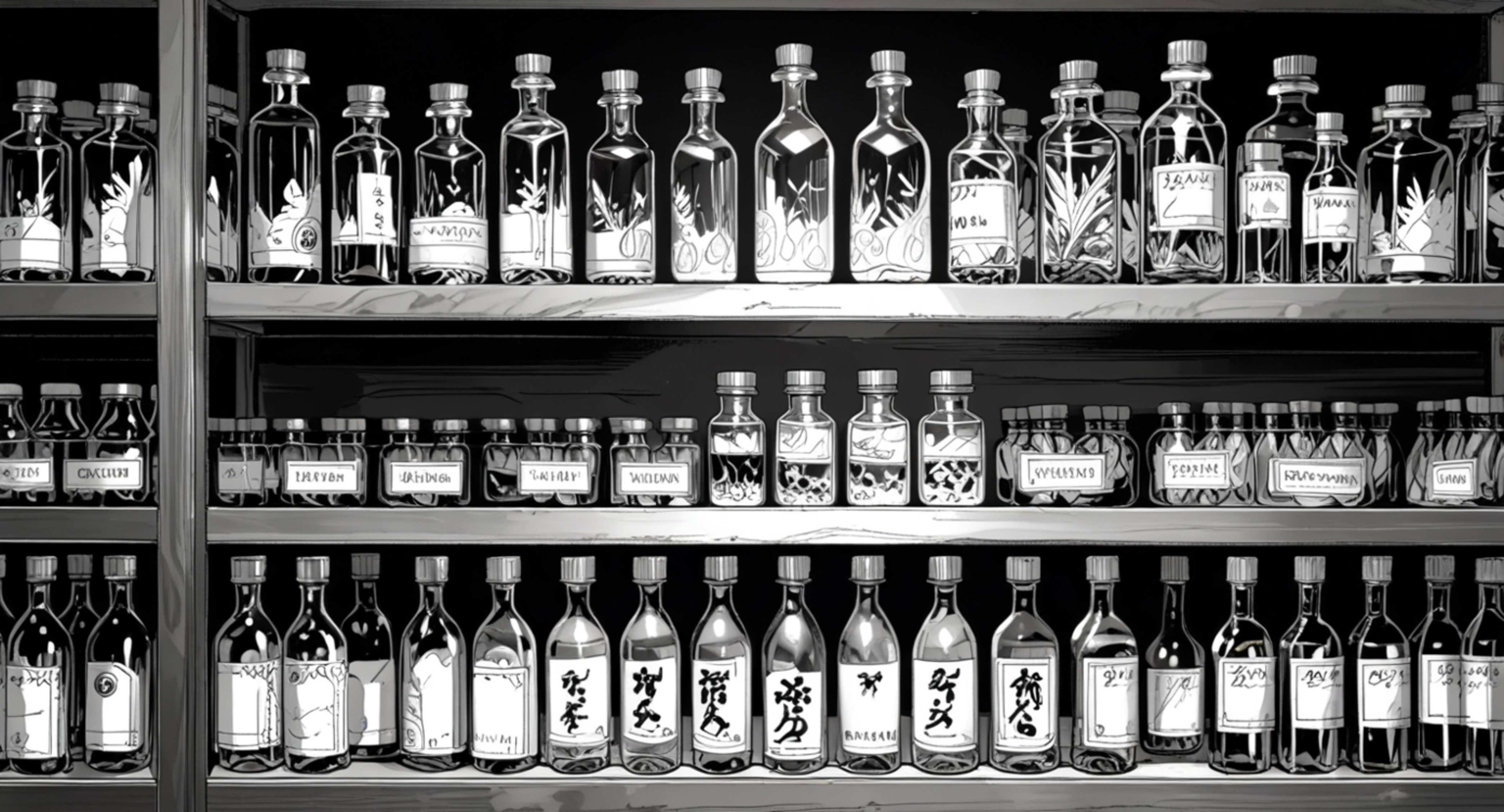 This image showcases a charming collection of glass bottles filled with various types of oil, neatly arranged on a kitchen sh