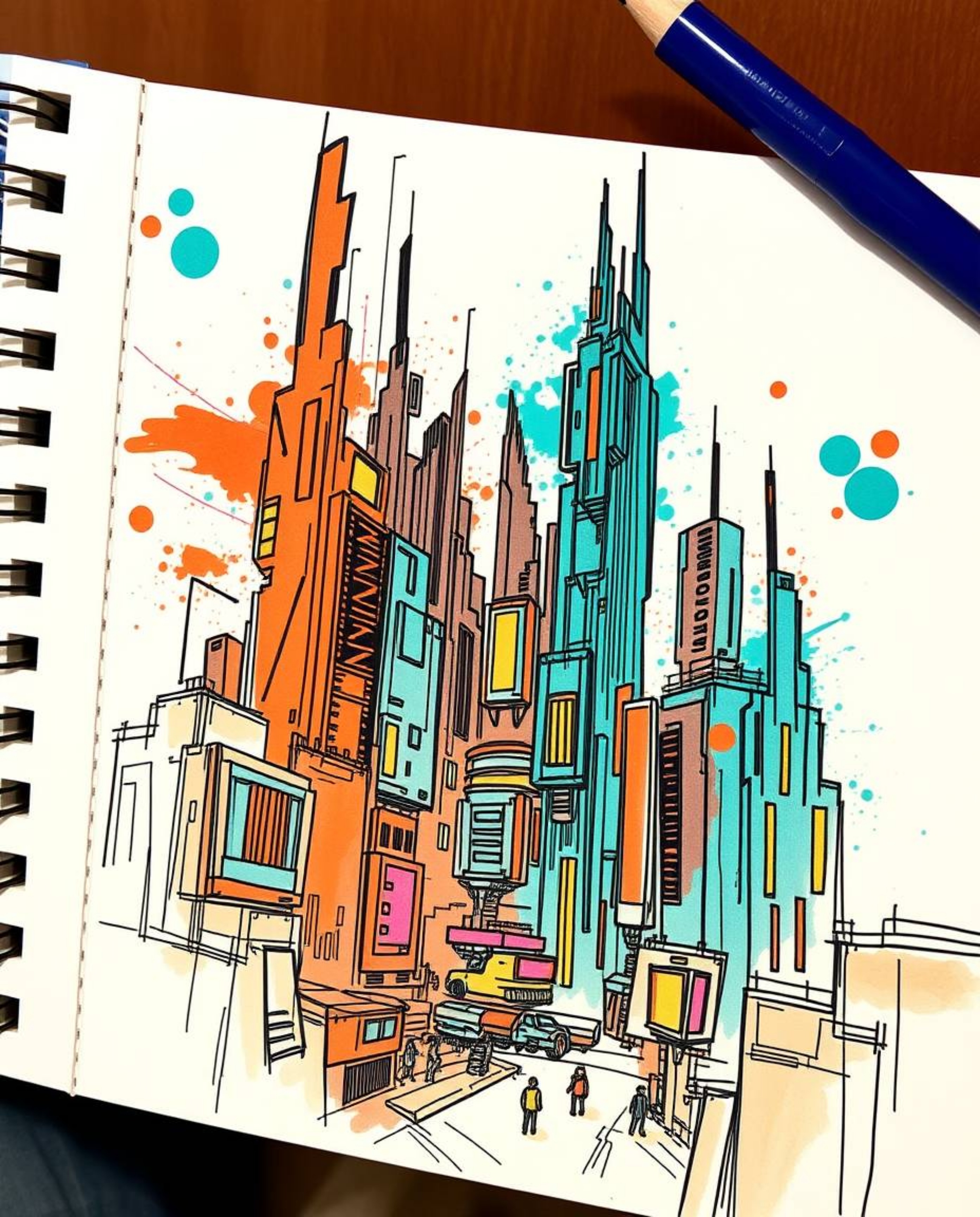 Explore a vibrant hand-drawn sketchnote depicting a futuristic cyberpunk cityscape bursting with colorful neon splashes. Warm