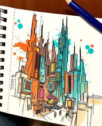 Explore a vibrant hand-drawn sketchnote depicting a futuristic cyberpunk cityscape bursting with colorful neon splashes. Warm