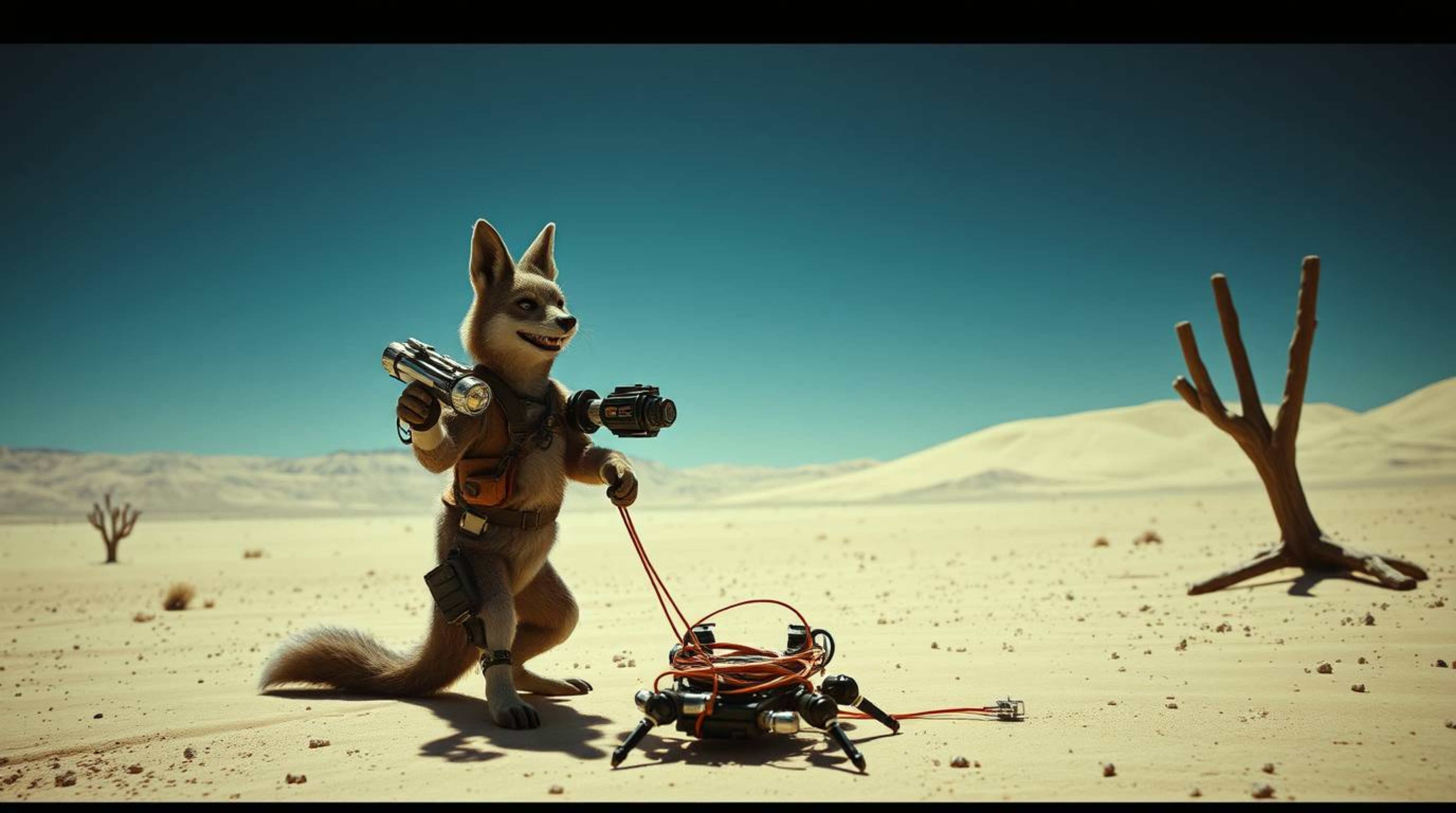 A futuristic, cinematic sci-fi portrayal of a coyote devising a ludicrous trap in the stark desert landscape, enhanced with a