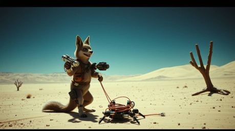 A futuristic, cinematic sci-fi portrayal of a coyote devising a ludicrous trap in the stark desert landscape, enhanced with a
