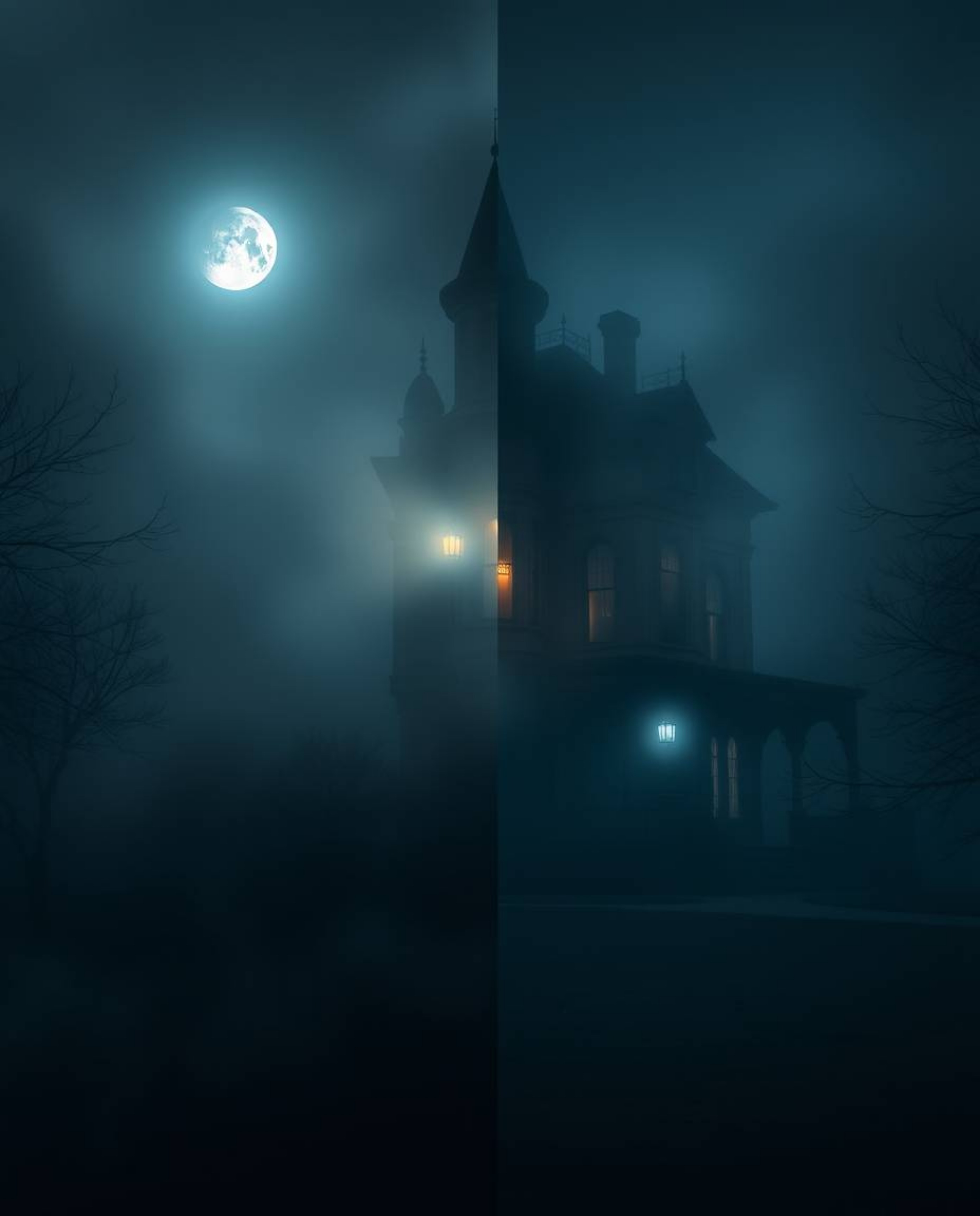 Explore a creative light art piece depicting a fog-covered Victorian mansion bathed in moonlight. This artwork features a dis
