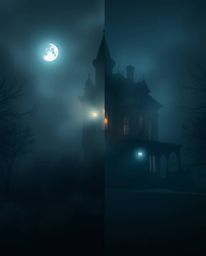 Explore a creative light art piece depicting a fog-covered Victorian mansion bathed in moonlight. This artwork features a dis
