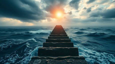 Experience an extreme macro close-up of a dramatic ocean staircase leading towards a stormy sky, brilliantly lit by a divine 