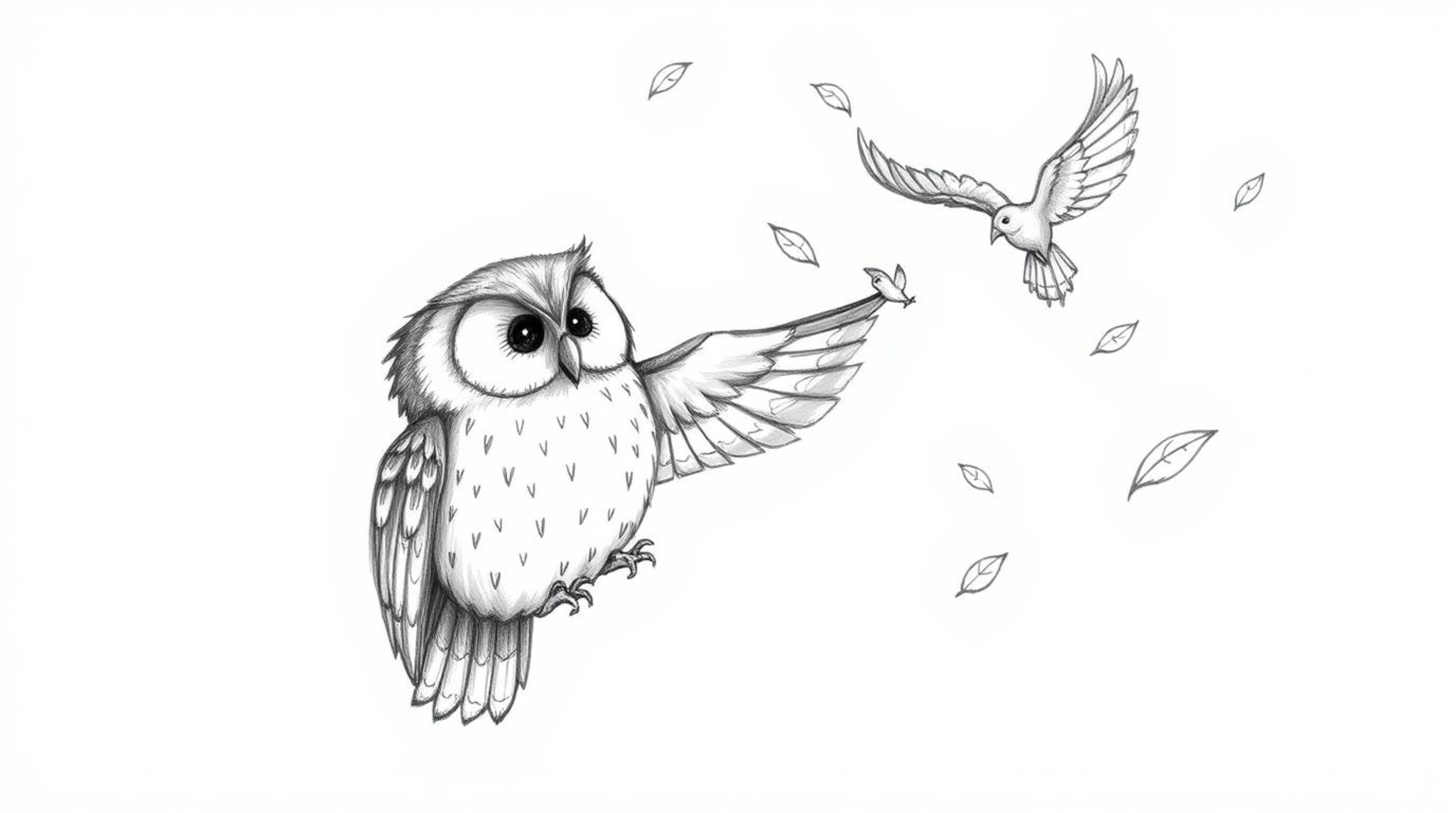 A heartwarming Pixar-style scene unfolds: a wise-looking, blind owl with incredibly soft feathers guides birds in flight. The