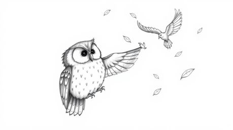 A heartwarming Pixar-style scene unfolds: a wise-looking, blind owl with incredibly soft feathers guides birds in flight. The