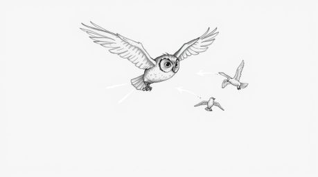 A charming hand-drawn sketch reminiscent of Pixar animation, depicting a blind owl in mid-flight, compassionately guiding sev