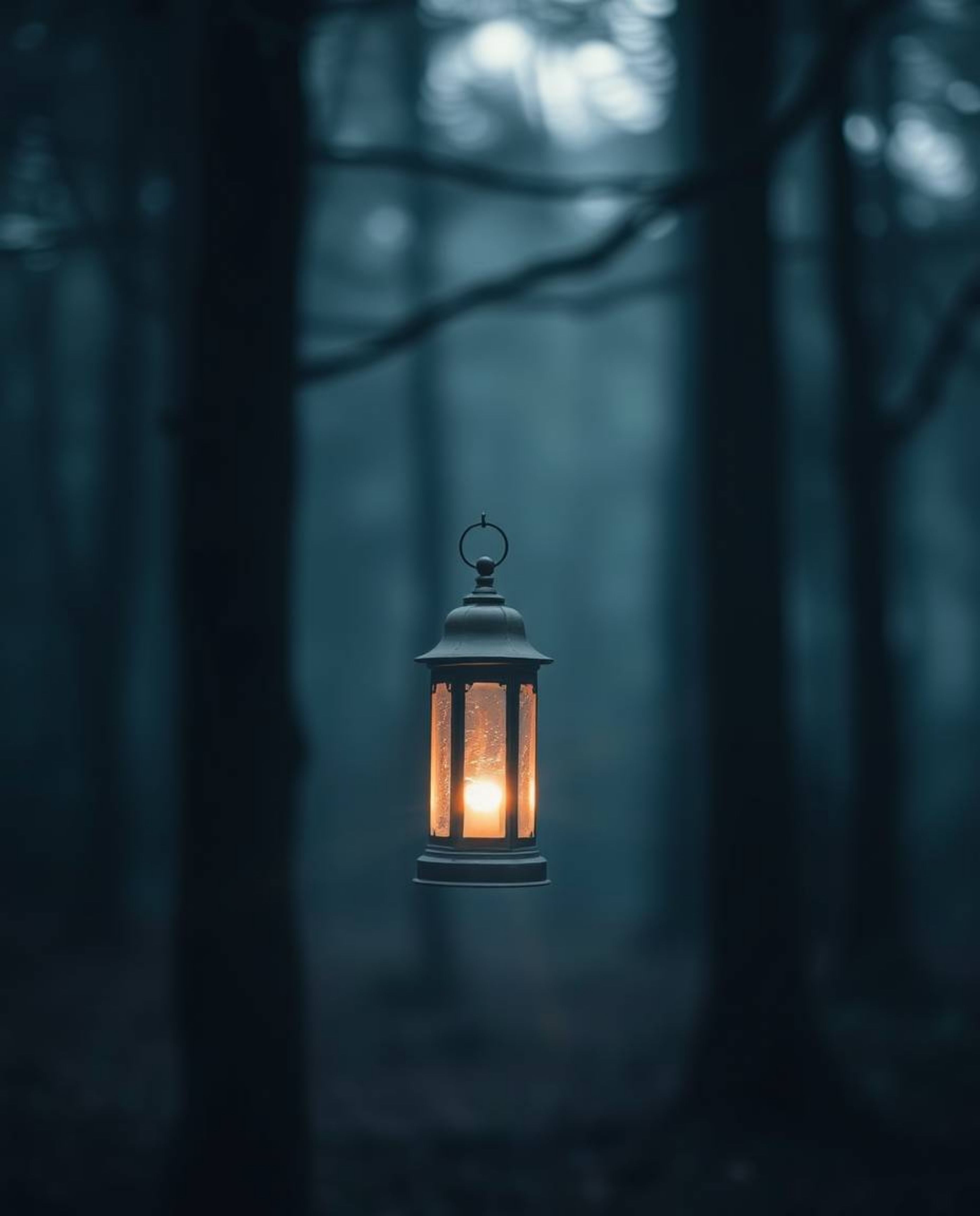 Capture the magical essence of a dark forest with this stunning long exposure photograph. A glowing lantern illuminates the s