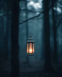 Capture the magical essence of a dark forest with this stunning long exposure photograph. A glowing lantern illuminates the s