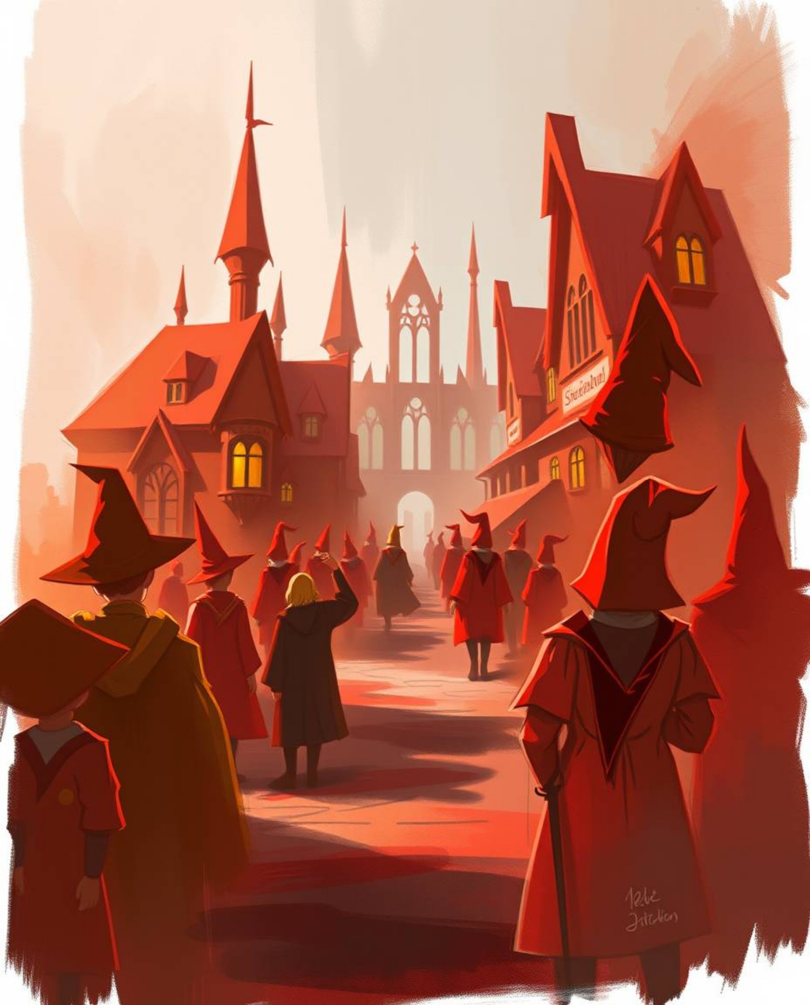 Discover an epic digital sketch depicting a magical school brimming with young wizards.  The artwork showcases warm reds, ora
