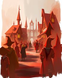 Discover an epic digital sketch depicting a magical school brimming with young wizards.  The artwork showcases warm reds, ora