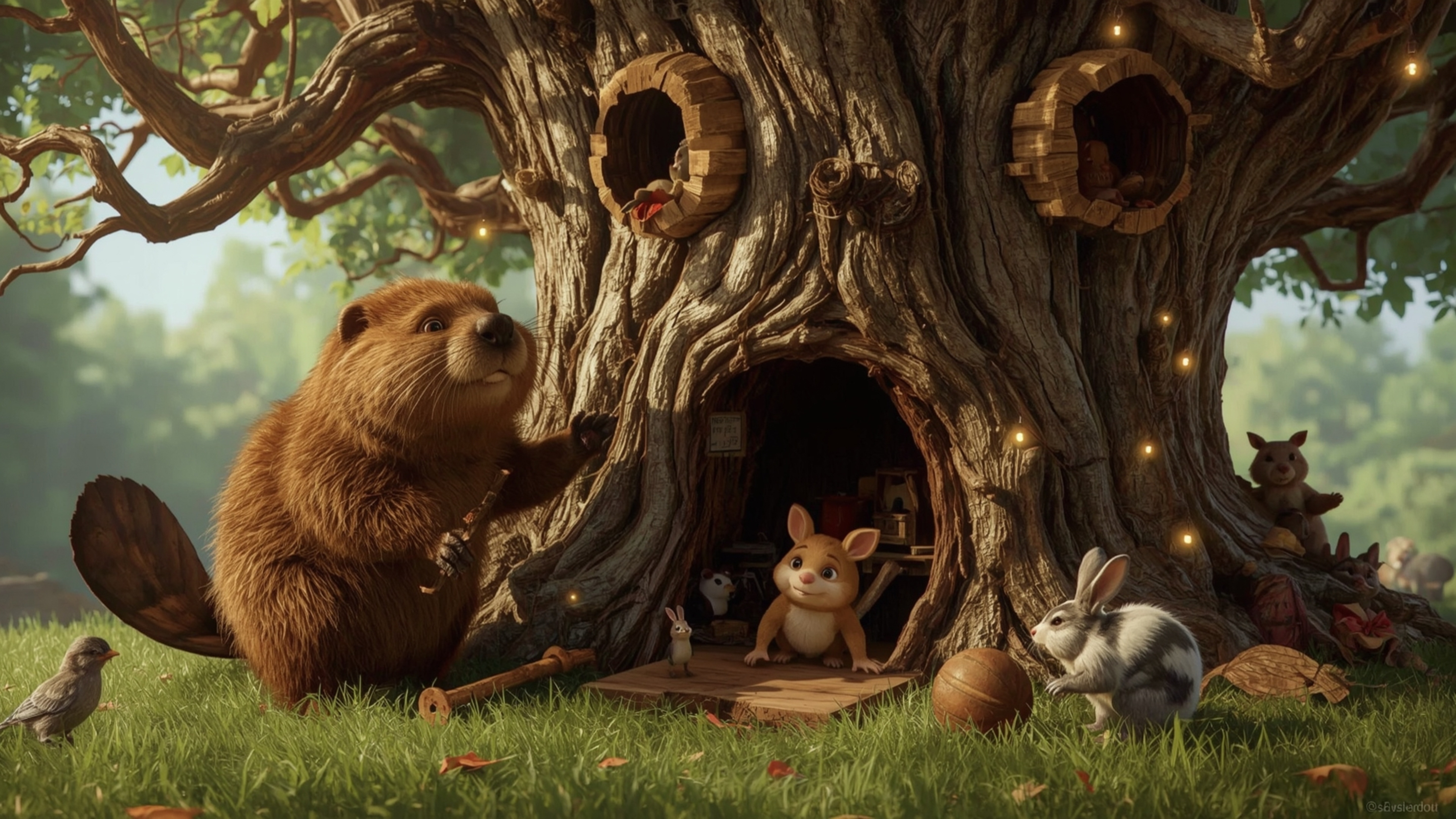 A highly detailed, high-resolution stock photo captures a busy beaver with a kind expression, surrounded by orphaned animals 