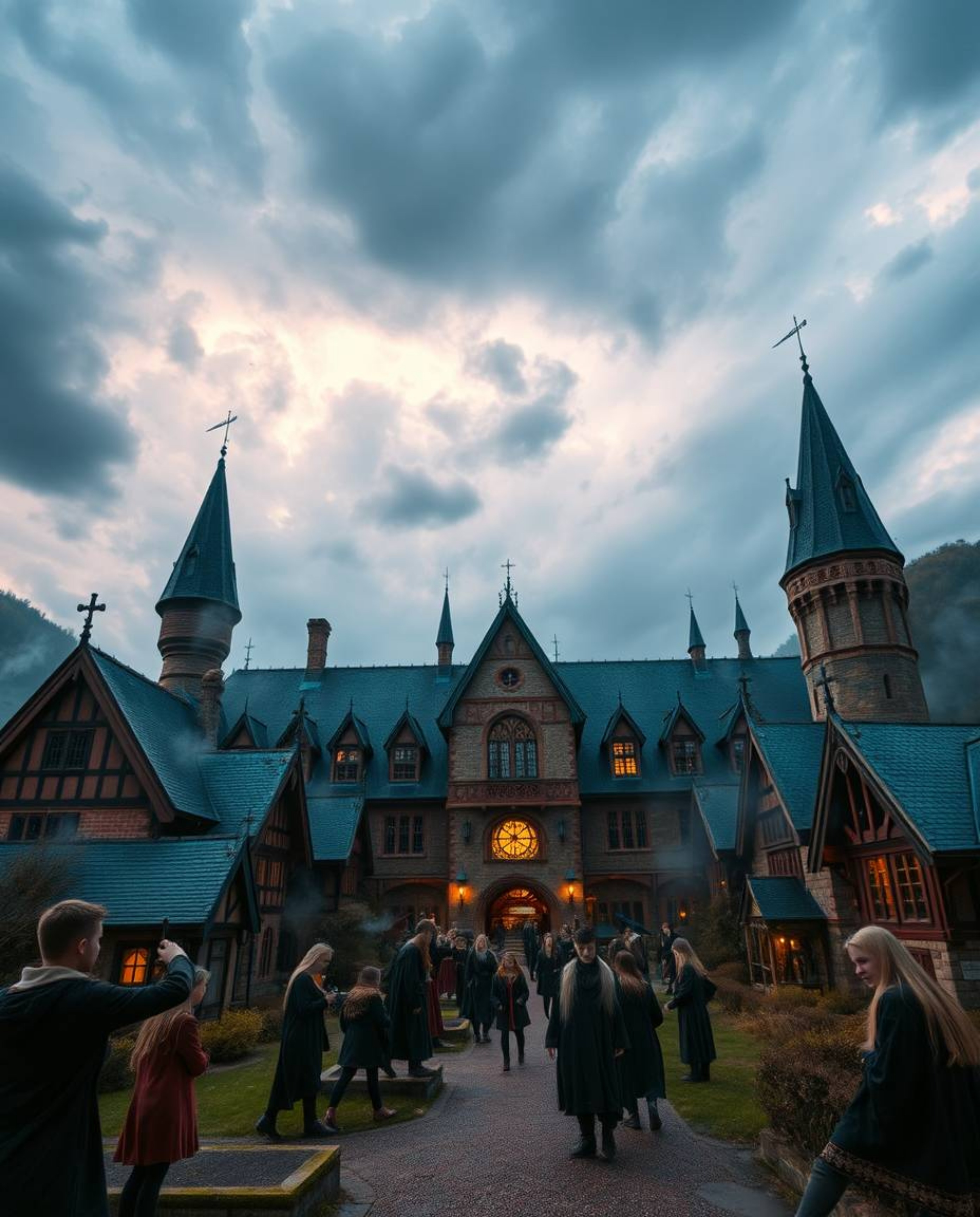 Explore a captivating magical school teeming with young wizards, set against a backdrop of intense and dramatic weather, comp