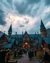 Explore a captivating magical school teeming with young wizards, set against a backdrop of intense and dramatic weather, comp