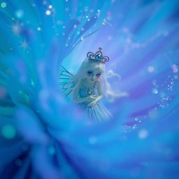 An extreme close-up macro photograph reveals a fairy godmother emerging from a swirl of sparkles.  Dominated by cool blues, g