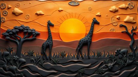 This stunning sculptural clay artwork depicts a sunset savanna scene with silhouetted giraffes.  The piece features artistic 
