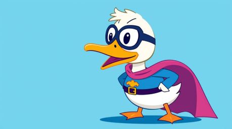This modern flat design illustration showcases a duck in a zany superhero costume, utilizing a cool color palette of blues, g