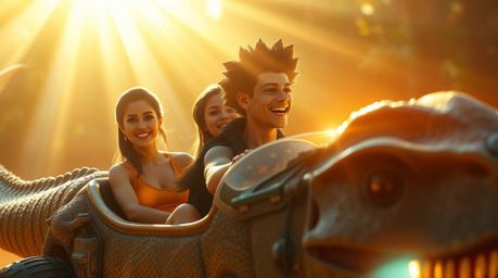 Experience a journey back to the prehistoric era with this stunning image of a light brown skinned family with black hair rid