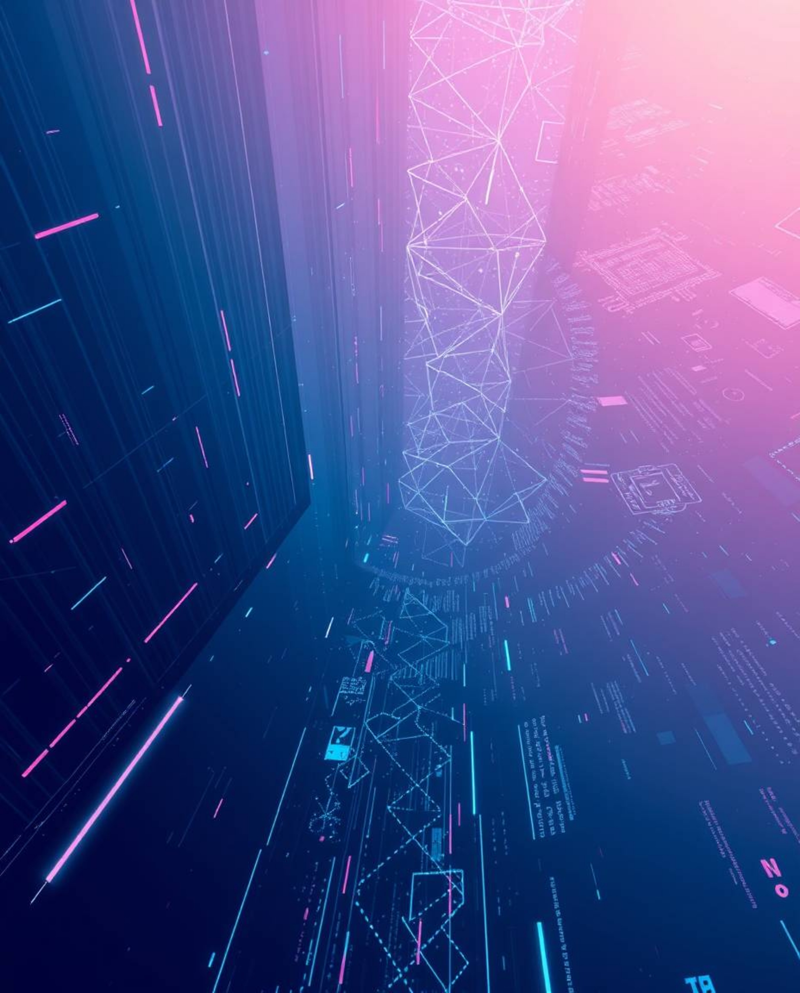 Experience a captivating high-angle perspective of smoothly transitioning gradients and glitched geometric shapes seamlessly 
