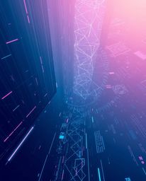 Experience a captivating high-angle perspective of smoothly transitioning gradients and glitched geometric shapes seamlessly 