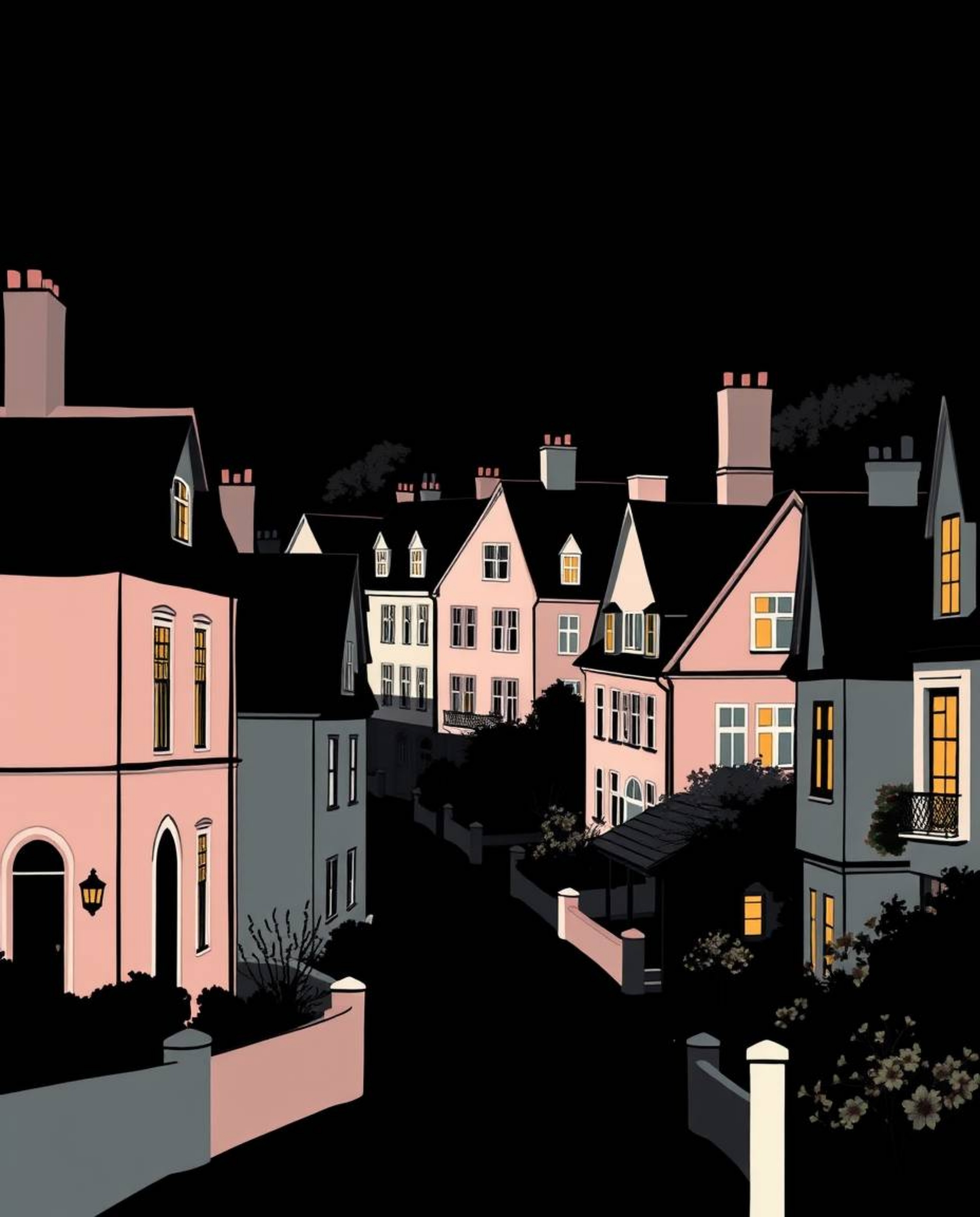 This collection features intense jet black illustrations of a sleepy town with pastel-colored houses, showcasing graceful, el