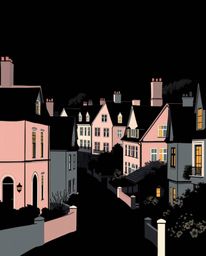 This collection features intense jet black illustrations of a sleepy town with pastel-colored houses, showcasing graceful, el